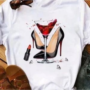WINE & HEELS TEE WHITE MULTICOLOR GRAPHIC 5% ELASTANE 95% POL…SMALL NWOT
